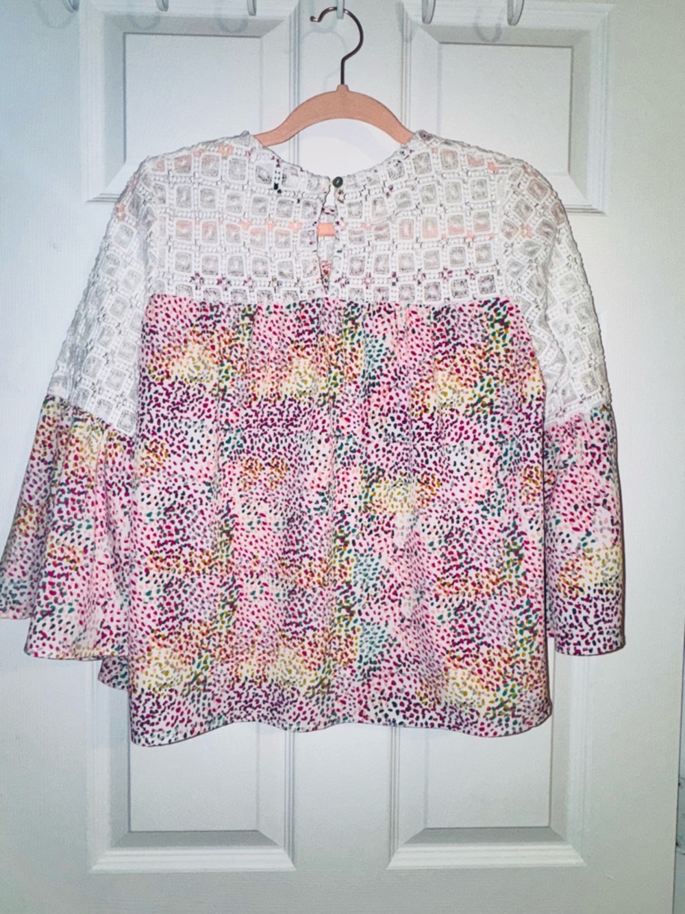 Lace Yoke Floral Dot Peasant Blouse in Pink and White - Picture 5 of 5